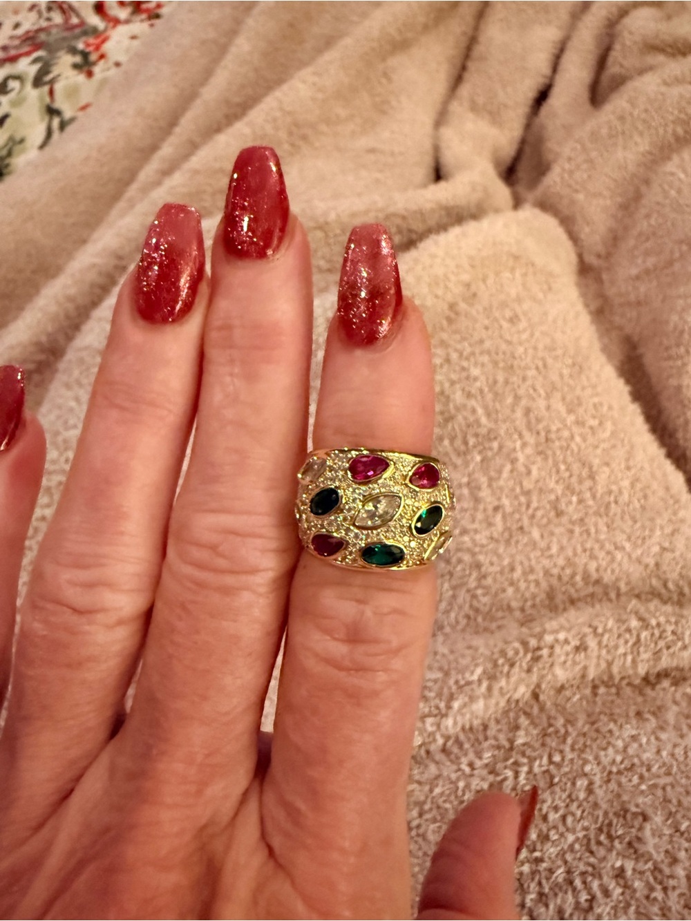 Source Unknown Gold Multi-Gem Dome Ring with Red, Green, Blue and Clear Stones